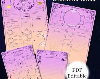 May include: A collection of four printable Dungeons & Dragons character sheets. The sheets feature a purple and peach color scheme with decorative floral and celestial elements. The text "DND Character Sheet" and "PDF Editable" are visible.
