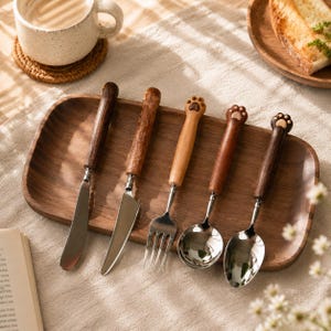 Handgefertigtes Besteckset mit Katzenpfoten-Motiv aus Holz, Edelstahl, Holzgriff, niedliches Küchengeschenk, Geschirr für Katzenliebhaber