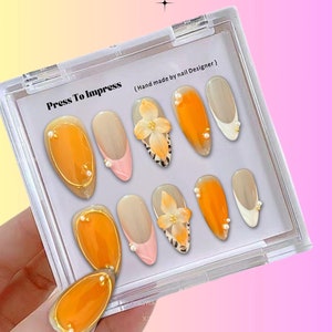 Dreamy 3D Orange Floral Press on nails/ Almond nails/3d flower nails/Orange nails/Elegant nails/Summer nails/Fairycore nails