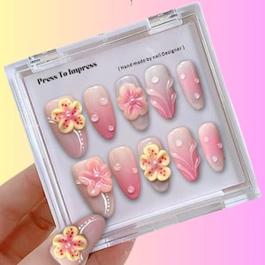 Dreamy 3D Pink Floral Press on nails/ long almond nails/3d flower nails/Pink nails/Elegant nails/Spring nails/Holiday Nails/Fairycore nails