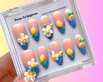 Uñas postizas de gel hechas a mano con limón azul y frutas de verano de estilo libre, uñas de gel 3D, uñas de gel postizas hechas a mano, uñas de frutas, uñas de estilo libre, uñas tropicales