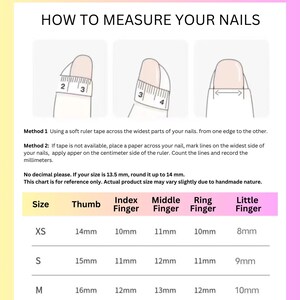 Puede incluir: Un gr&aacute;fico que muestra c&oacute;mo medir el tama&ntilde;o de las u&ntilde;as para las u&ntilde;as postizas. El gr&aacute;fico incluye medidas en mil&iacute;metros para cada dedo: pulgar, &iacute;ndice, medio, anular y me&ntilde;ique. Los tama&ntilde;os son XS, S, M y L.