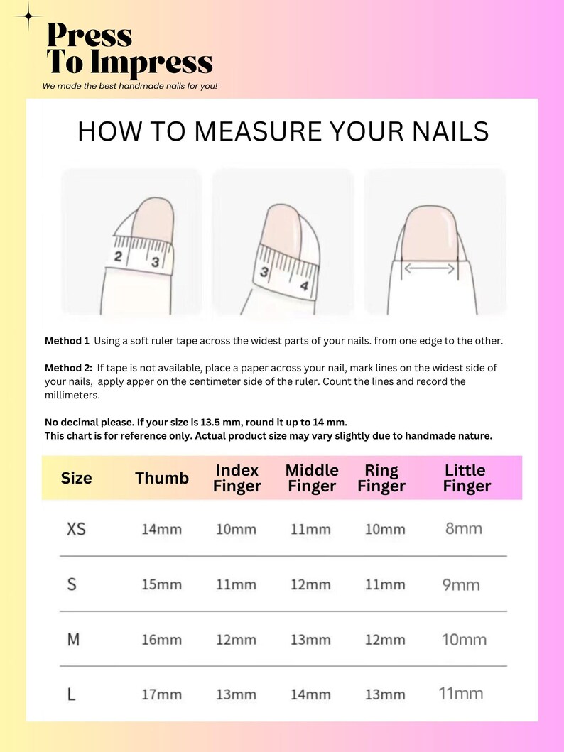 Puede incluir: Un gr&aacute;fico que muestra c&oacute;mo medir el tama&ntilde;o de las u&ntilde;as para las u&ntilde;as postizas. El gr&aacute;fico incluye medidas en mil&iacute;metros para cada dedo: pulgar, &iacute;ndice, medio, anular y me&ntilde;ique. Los tama&ntilde;os son XS, S, M y L.