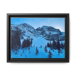 May include: A snowy mountain landscape with a blue sky and a forest of evergreen trees in the foreground.