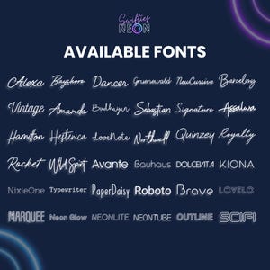 May include: A dark blue graphic with the text "Swifties NEON" at the top, followed by "AVAILABLE FONTS". The image displays a list of font names in a neon style, including Alexa, Bayshore, Dancer, and others. The fonts are white and glow.