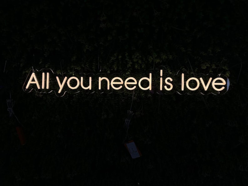 May include: A neon sign with the words "All you need is love" in a cursive font. The sign glows with a warm, inviting light against a dark background of foliage.