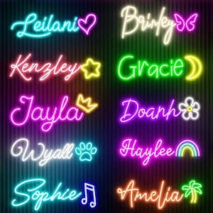 May include: Neon sign designs featuring various names in vibrant colors. Each name is styled with unique symbols like hearts, stars, and rainbows. The names include Leilani, Brinley, Kenzley, Gracie, Jayla, Doanh, Wyall, Haylee, Sophie, and Amelia.