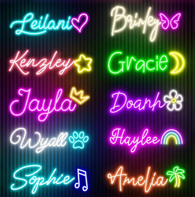 May include: Neon sign designs featuring various names in vibrant colors. Each name is styled with unique symbols like hearts, stars, and rainbows. The names include Leilani, Brinley, Kenzley, Gracie, Jayla, Doanh, Wyall, Haylee, Sophie, and Amelia.