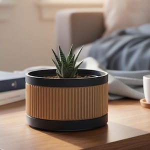 Könnte beinhalten: Eine kleine Sukkulentenpflanze in einem schwarz-beigen Pflanzgefäß mit vertikalen Rippendetails. Der Pflanztopf steht auf einem Holztisch, neben einer weißen Tasse auf einem Holzuntersetzer und zwei Büchern. Ein graues Sofa und ein Fenster sind im Hintergrund.