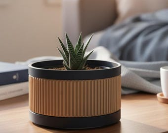 Ribbed Plant Pot with Drip Tray, Wood and Black Modern Indoor Planter