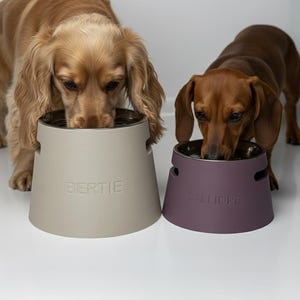May include: A light beige dog bowl with the name BERTIE embossed on the front and a smaller dark purple dog bowl with the name CALLIOPE embossed on the front. Both bowls feature a tapered cylindrical shape with side cutouts and metal inserts.