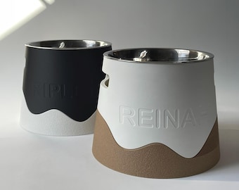 Textured Personalized Elevated Dog Bowl Holder: Healthy Back, Custom Name, 330/900ml Metal Bowl