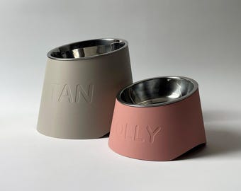 Tilted Personalized Elevated Dog Bowl Holder: Healthy Back, Custom Name, 330&900ml Metal Bowl