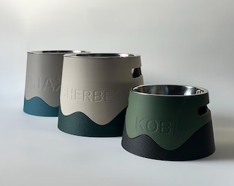 Textured Personalized Elevated Dog Bowl Holder: Healthy Back, Custom Name, 330/900ml Metal Bowl