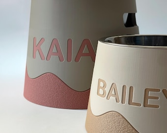 Textured Personalized Elevated Dog Bowl Holder: Healthy Back, Contrast Custom Name, 330/900ml Bowl