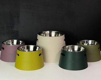 Personalized Elevated Dog Bowl Holder: Healthy Back, Custom Name, 330 and 900ml Metal Bowl
