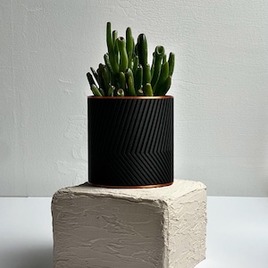May include: A black planter with a copper rim and a geometric pattern holds a green succulent plant. The planter is sitting on a textured, off-white pedestal.