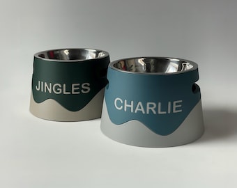 Personalized Elevated Dog Bowl Holder: Healthy Back, Contrast Custom Name, 330 and 900ml Bowl