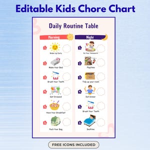 Kids Chore Chart Editable, Morning Routine Chart, Kids Nighttime Routine, Toddler Chore Chart, Bedtime Routine, Toddler Routine