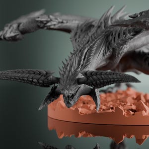 May include: A detailed grey dragon miniature with textured wings and a textured base. The dragon is posed in a mid-flight stance with its wings spread wide.