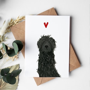 Zwarte doodle kaart, zwarte labradoodle hond Valentine, zwarte doodle wenskaart, verjaardagskaart, huisdier verlies cadeau, Valentijnsdag