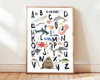 Meerestiere ABC Poster, Meerestiere ABC Print, Kinderzimmer Print, Tier Alphabet Print, Kinderzimmer Wanddeko, Nautische Dekoration, Spielzimmerdeko