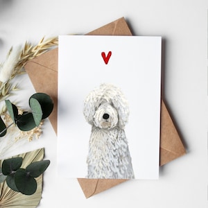 Witte doodle hond wenskaart, witte doodle kaart, witte doodle Valentijn, verjaardagskaart, Valentijnsdag, huisdier verlies cadeau, Moederdag