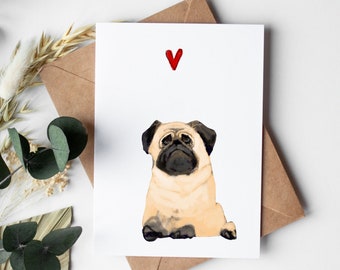 Pug Valentine, Pug Pet Loss Gift, Pug Anniversary Card, Pug Greeting Card, Black Pug Card, Valentines Day, Mothers Day, Pug Lover Gift