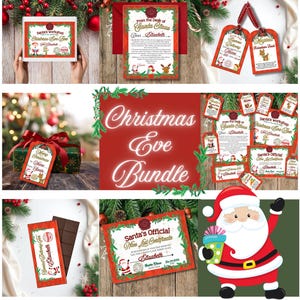 May include: A Christmas Eve Bundle featuring various festive items. Includes a letter from Santa, gift tags, a nice list certificate, and a chocolate bar. The items are decorated with Santa Claus, reindeer, and Christmas tree illustrations.