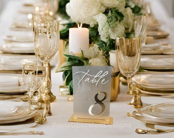 Wedding Table Numbers, Frosted Table Signs, 3D Lettering, White Acrylic Gold Mirror, Wedding Decor, Assigned Seating, Wedding Signage