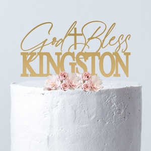 Personalized God Bless Cake Topper with Cross: Christening, Baptism, First Communion, Religious Dedications