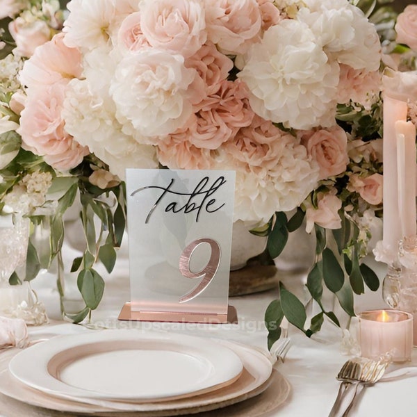 Wedding Table Numbers, Rose Gold Mirror, Frosted Table Signs, Wedding Decor, Assigned Seating, Wedding Signs, Blush Pink