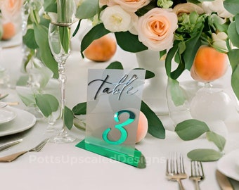 Wedding Table Numbers, Green Mirror, Frosted Table Signs, Wedding Decor, Assigned Seating, Wedding Signs