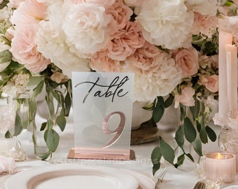 Wedding Table Numbers, Rose Gold Mirror, Frosted Table Signs, Wedding Decor, Assigned Seating, Wedding Signs, Blush Pink