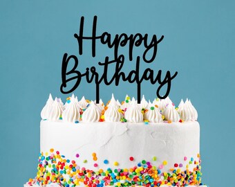 Black Happy Birthday Cake Topper, Mirrored Gold Acrylic, Birthday Party Decoration, Cursive Handwriting, DIY Dessert Decor, Ready to Ship