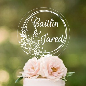 Personalized Clear Acrylic Wedding Cake Topper | Engraved with Couple&#39;s Names & Floral Frame | 4&quot; or 6&quot; Width | Anniversary Cake Topper