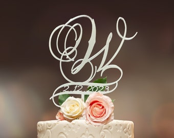 Wedding Cake Topper, Cursive Initial Letter, Wood or Acrylic, Anniversary Cake Decoration, Wedding Date