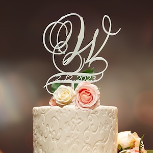 Topper de bolo de casamento, letra inicial cursiva, madeira ou acrílico, decoração de bolo de aniversário, data de casamento