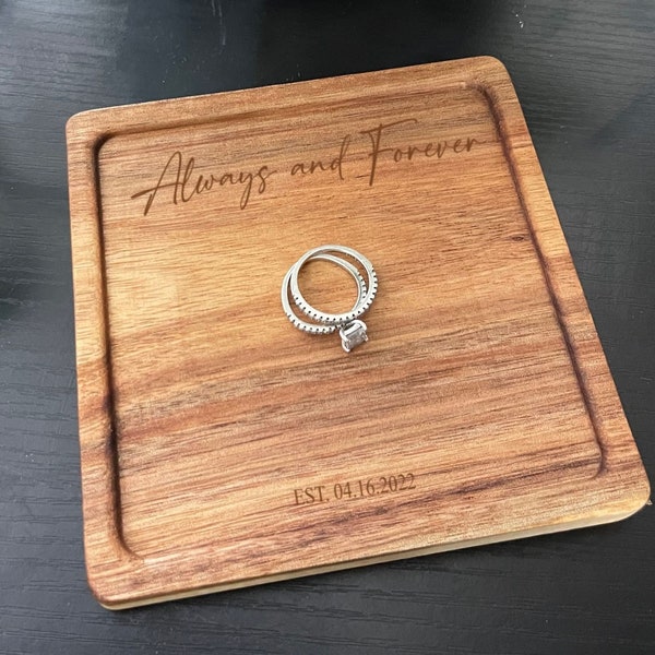 Engraved Ring Dish, Square Acacia Wood, Valet Jewelry Tray, Personalized Gift, Wedding Ring Plate, Custom Platter