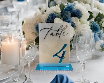 Wedding Table Numbers, Blue Mirror, Frosted Table Signs, Wedding Decor, Assigned Seating, Wedding Signs