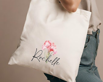 Birth Month Flower Tote Swag Bag, Personalized Name Custom Gift for Her, Bridal Party, Bridesmaid Girls Trip, Cosmetic Zipper Pouch Bundle