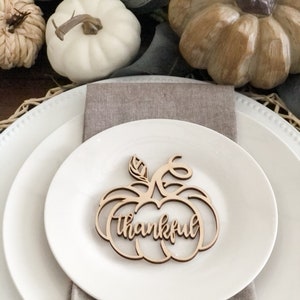 3 Thankful Pumpkins, Grateful Blessed, Thanksgiving Decor, Fall Place Cards, Plate Ornament, Farmhouse Table, Fall Wood Decoration image 1