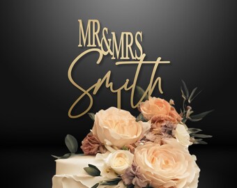 Rustic Cake Topper, Wedding Cake, Personalized Name, Anniversary Cake, Gold Mirror Acrylic, Mr & Mrs, Couples Name