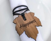 Wood Fall Maple Leaves Napkin Ring Tags Thanksgiving Dining Table Decor Walnut Autumn Thankful Wishes Leather Wrap