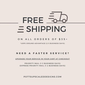 May include: A graphic with the words "FREE SHIPPING" above a stylized truck icon. Text below states "ON ALL ORDERS OF $35+" and "NEED A FASTER SERVICE?" with options for expedited shipping. The website address is also included.