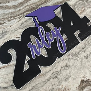 2024 Graduation Sign for grad party decor and senior portrait prop in silver glitter, black and purple with personalized name