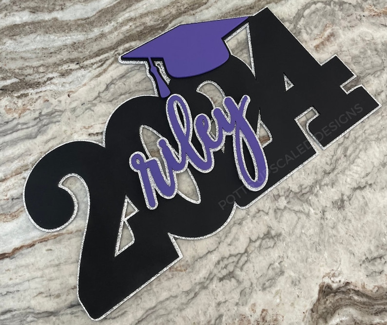 2024 Graduation Sign for grad party decor and senior portrait prop in silver glitter, black and purple with personalized name