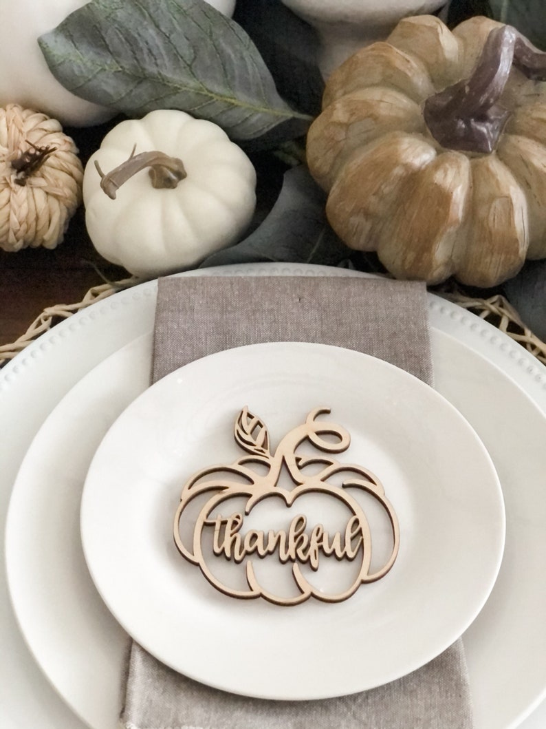 3 Thankful Pumpkins, Grateful Blessed, Thanksgiving Decor, Fall Place Cards, Plate Ornament, Farmhouse Table, Fall Wood Decoration image 1