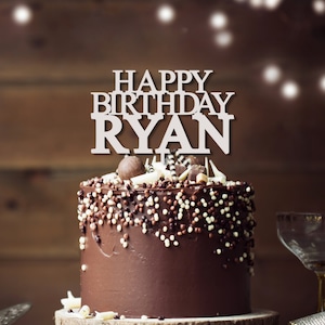 Topper de pastel de feliz cumpleaños, nombre personalizado, decoración de selección de postre de bricolaje, cumpleaños masculino, hombres o niños, letras mayúsculas, espejo cortado con láser, brillo