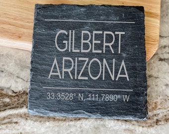 Custom Slate Coasters, Set of 4, Personalized with City, State and Coordinates for Barware Decor and Gifts